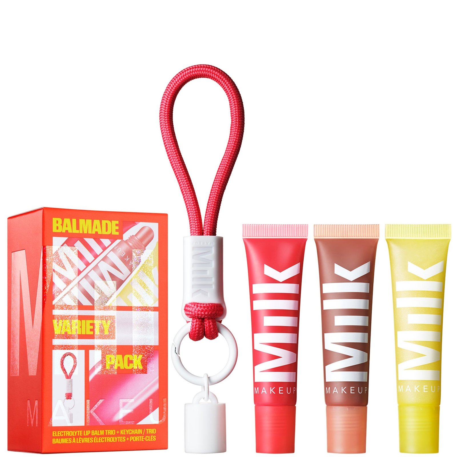 MILK MAKEUP Balmade Variety Pack Hydrating Lip Balm & Keychain Gift Set MILK MAKEUP Balmade Variety Pack Hydrating Lip Balm and Keychain Gift Set with three tinted lip balms